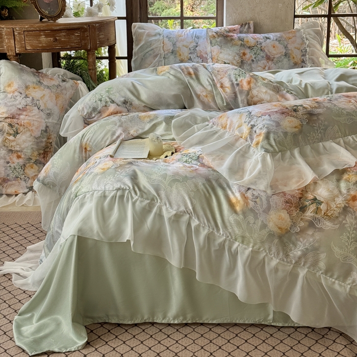 91家纺网 家纺一手货源 找家纺 艾米家居 2026春夏新款花边款法式天丝棉冰丝系列四件套提供买家秀 花旦花边款