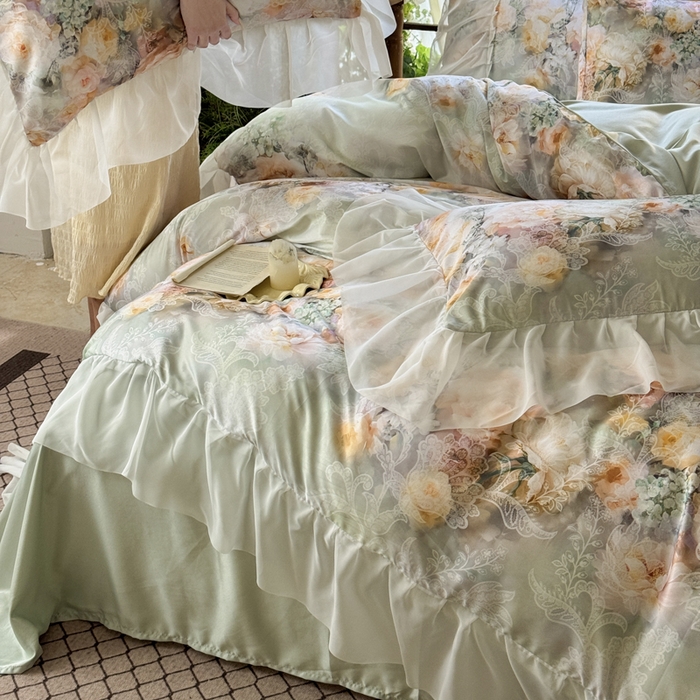 91家纺网 家纺一手货源 找家纺 艾米家居 2026春夏新款花边款法式天丝棉冰丝系列四件套提供买家秀 花旦花边款