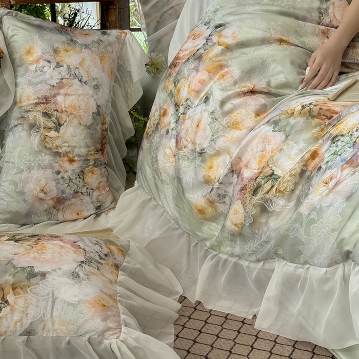 91家纺网 家纺一手货源 找家纺 艾米家居 2026春夏新款花边款法式天丝棉冰丝系列四件套提供买家秀 花旦花边款