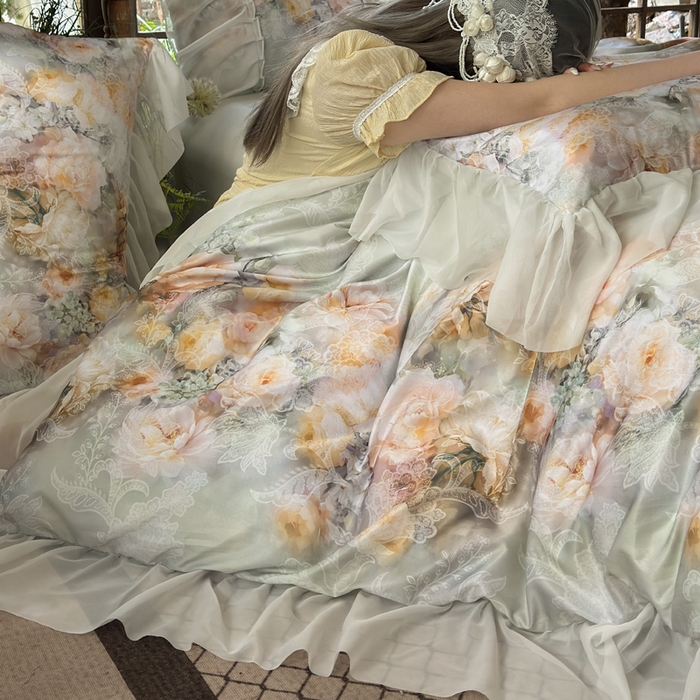 91家纺网 家纺一手货源 找家纺 艾米家居 2026春夏新款花边款法式天丝棉冰丝系列四件套提供买家秀 花旦花边款