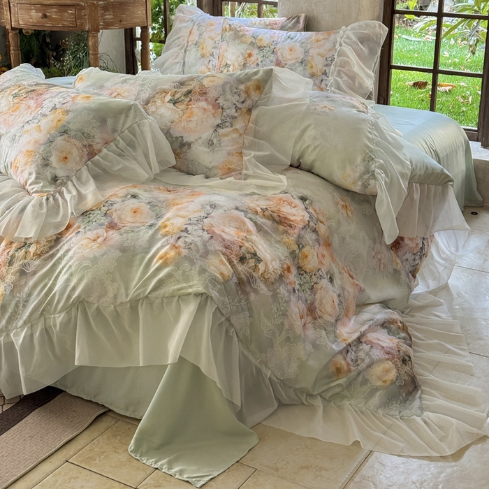 91家纺网 家纺一手货源 找家纺 艾米家居 2026春夏新款花边款法式天丝棉冰丝系列四件套提供买家秀 花旦花边款