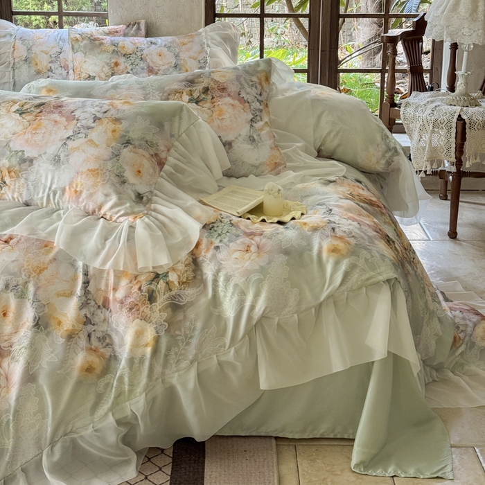 91家纺网 家纺一手货源 找家纺 艾米家居 2026春夏新款花边款法式天丝棉冰丝系列四件套提供买家秀 花旦花边款