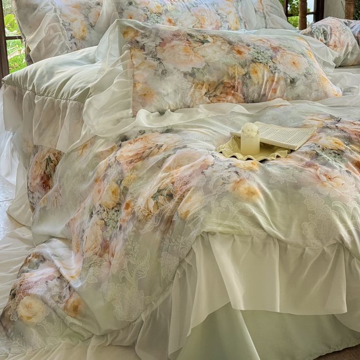 91家纺网 家纺一手货源 找家纺 艾米家居 2026春夏新款花边款法式天丝棉冰丝系列四件套提供买家秀 花旦花边款