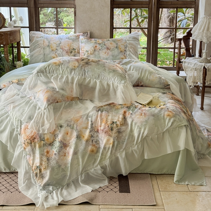 91家纺网 家纺一手货源 找家纺 艾米家居 2026春夏新款花边款法式天丝棉冰丝系列四件套提供买家秀 花旦花边款