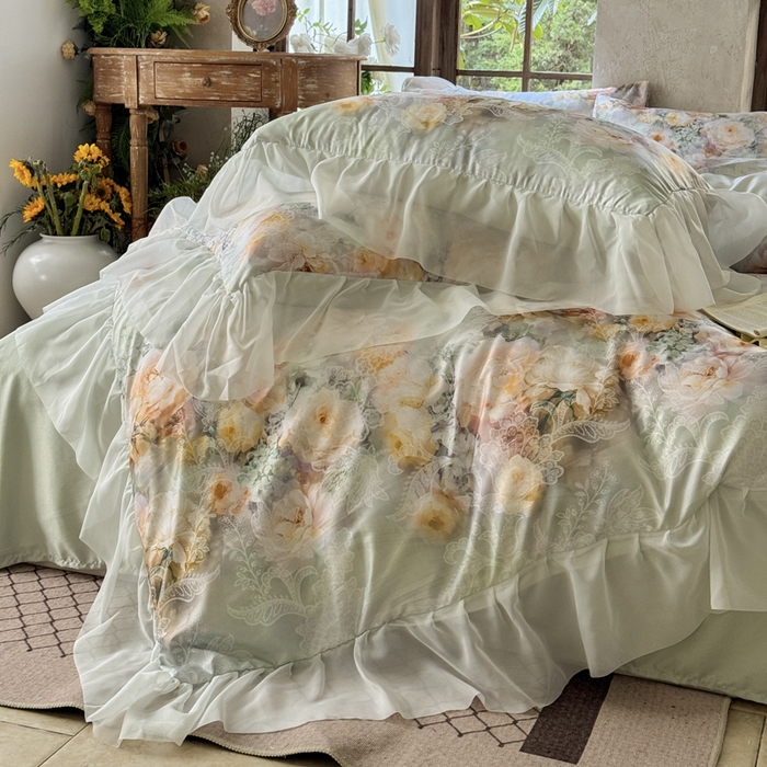 91家纺网 家纺一手货源 找家纺 艾米家居 2026春夏新款花边款法式天丝棉冰丝系列四件套提供买家秀 花旦花边款