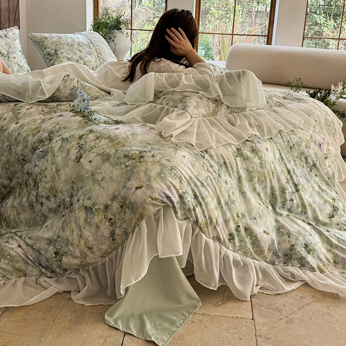 91家纺网 家纺一手货源 找家纺 艾米家居 2026春夏新款花边款法式天丝棉冰丝系列四件套提供买家秀 绿野仙踪花边款