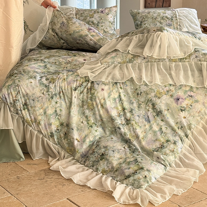 91家纺网 家纺一手货源 找家纺 艾米家居 2026春夏新款花边款法式天丝棉冰丝系列四件套提供买家秀 绿野仙踪花边款