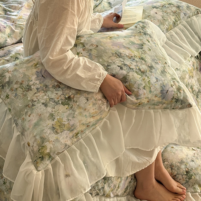 91家纺网 家纺一手货源 找家纺 艾米家居 2026春夏新款花边款法式天丝棉冰丝系列四件套提供买家秀 绿野仙踪花边款