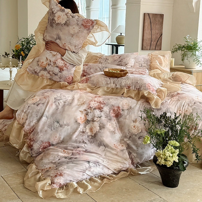 艾米家居 2026春夏新款花边款法式天丝棉冰丝系列四件套提供买家秀 秘密花园花边款