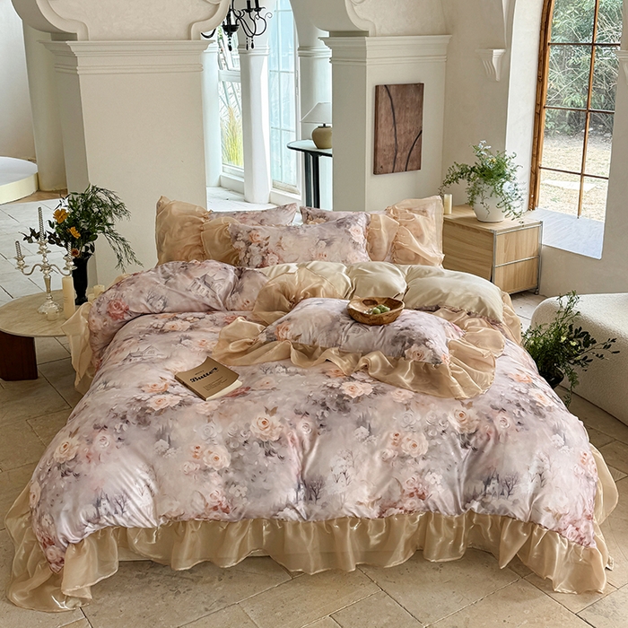 91家纺网 家纺一手货源 找家纺 艾米家居 2026春夏新款花边款法式天丝棉冰丝系列四件套提供买家秀 秘密花园花边款