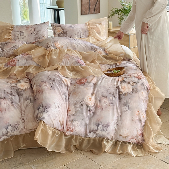 91家纺网 家纺一手货源 找家纺 艾米家居 2026春夏新款花边款法式天丝棉冰丝系列四件套提供买家秀 秘密花园花边款