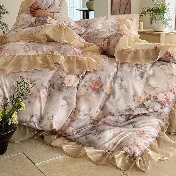 91家纺网 家纺一手货源 找家纺 艾米家居 2026春夏新款花边款法式天丝棉冰丝系列四件套提供买家秀 秘密花园花边款