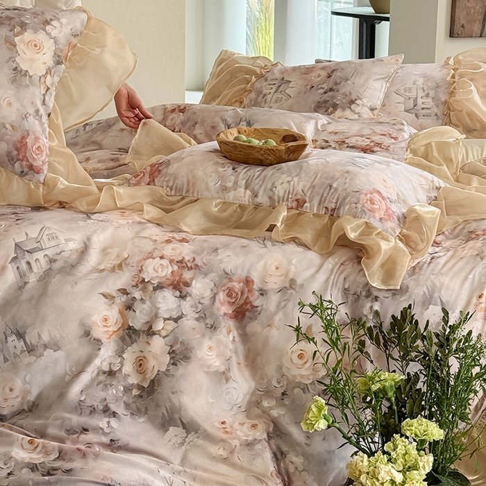 91家纺网 家纺一手货源 找家纺 艾米家居 2026春夏新款花边款法式天丝棉冰丝系列四件套提供买家秀 秘密花园花边款