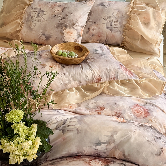 91家纺网 家纺一手货源 找家纺 艾米家居 2026春夏新款花边款法式天丝棉冰丝系列四件套提供买家秀 秘密花园花边款