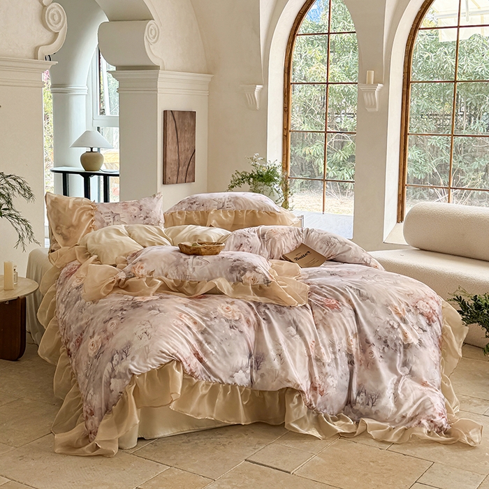 91家纺网 家纺一手货源 找家纺 艾米家居 2026春夏新款花边款法式天丝棉冰丝系列四件套提供买家秀 秘密花园花边款