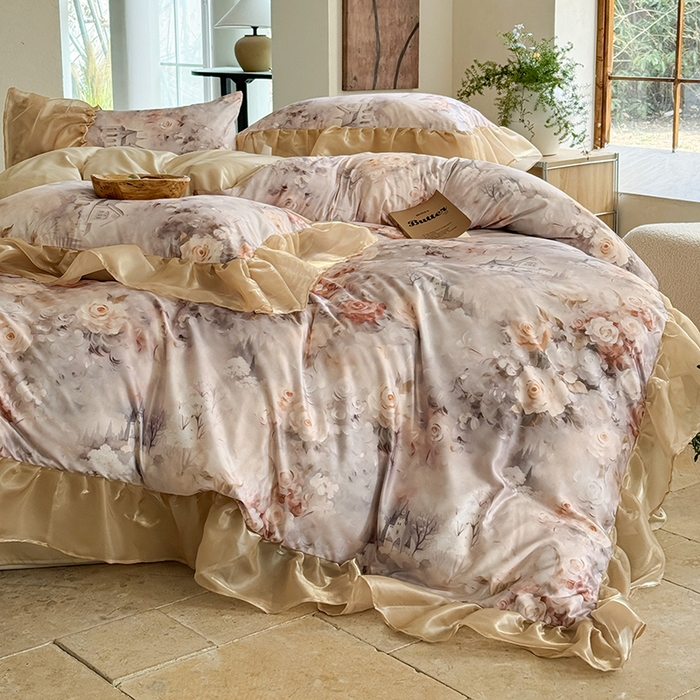 91家纺网 家纺一手货源 找家纺 艾米家居 2026春夏新款花边款法式天丝棉冰丝系列四件套提供买家秀 秘密花园花边款