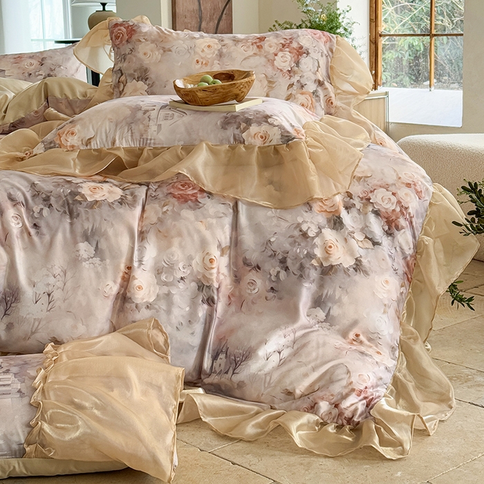 91家纺网 家纺一手货源 找家纺 艾米家居 2026春夏新款花边款法式天丝棉冰丝系列四件套提供买家秀 秘密花园花边款