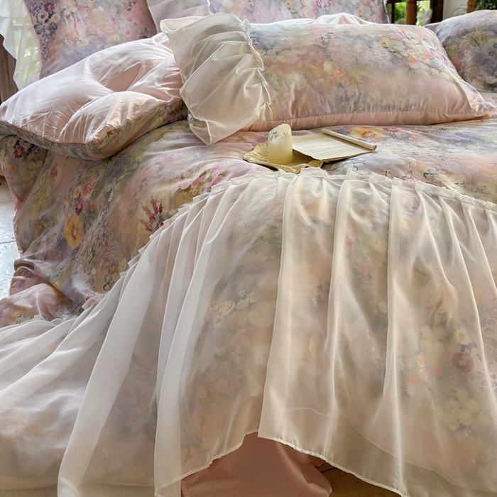 91家纺网 家纺一手货源 找家纺 （总）艾米家居 2026春夏新款裙边款法式天丝棉冰丝系列四件套提供买家秀