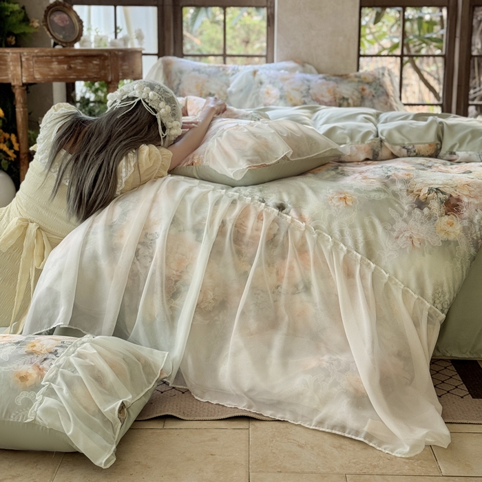 91家纺网 家纺一手货源 找家纺 艾米家居 2026春夏新款裙边款法式天丝棉冰丝系列四件套提供买家秀 花旦裙边款