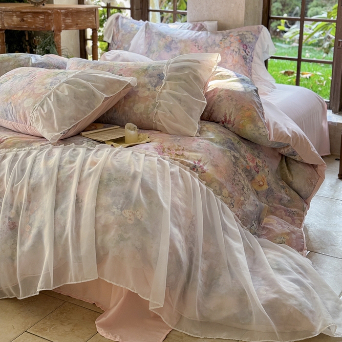 91家纺网 家纺一手货源 找家纺 （总）艾米家居 2026春夏新款裙边款法式天丝棉冰丝系列四件套提供买家秀