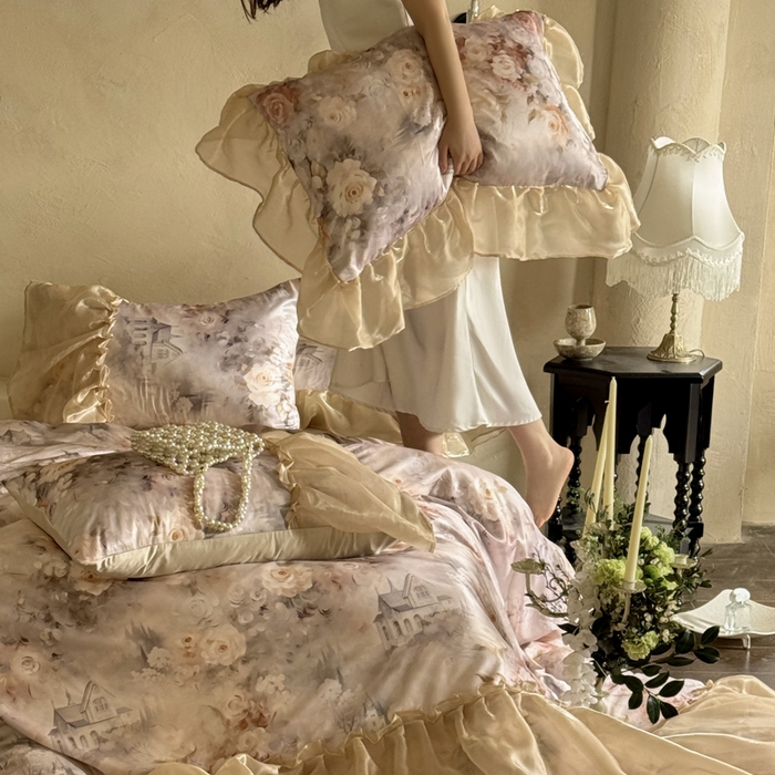 91家纺网 家纺一手货源 找家纺 艾米家居 2026春夏新款裙边款法式天丝棉冰丝系列四件套提供买家秀 秘密花园裙边款