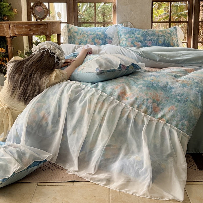 91家纺网 家纺一手货源 找家纺 艾米家居 2026春夏新款裙边款法式天丝棉冰丝系列四件套提供买家秀 梵高裙边款