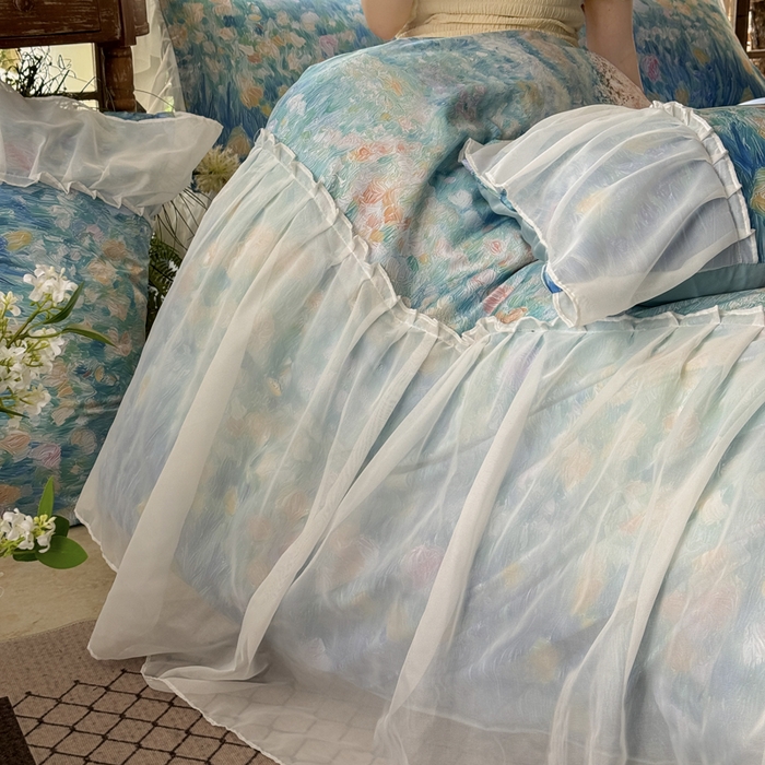 91家纺网 家纺一手货源 找家纺 艾米家居 2026春夏新款裙边款法式天丝棉冰丝系列四件套提供买家秀 梵高裙边款