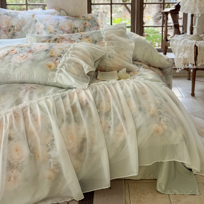 91家纺网 家纺一手货源 找家纺 艾米家居 2026春夏新款裙边款法式天丝棉冰丝系列四件套提供买家秀 花旦裙边款