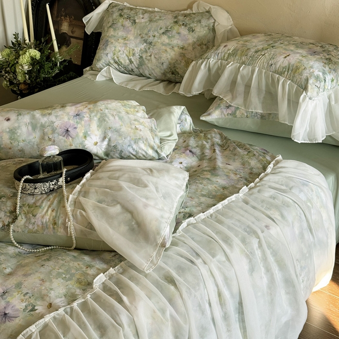 91家纺网 家纺一手货源 找家纺 艾米家居 2026春夏新款裙边款法式天丝棉冰丝系列四件套提供买家秀 绿野仙踪裙边款