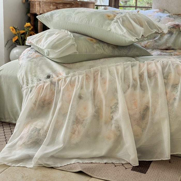 91家纺网 家纺一手货源 找家纺 艾米家居 2026春夏新款裙边款法式天丝棉冰丝系列四件套提供买家秀 花旦裙边款