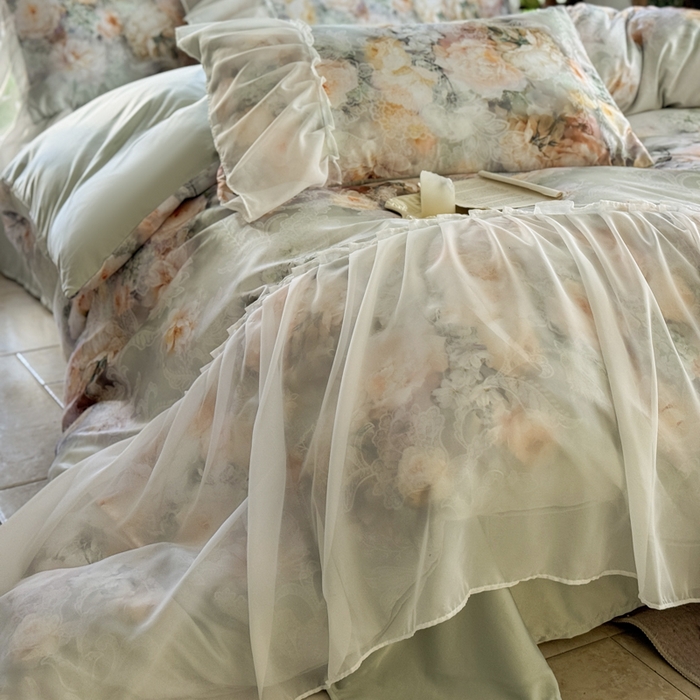 91家纺网 家纺一手货源 找家纺 艾米家居 2026春夏新款裙边款法式天丝棉冰丝系列四件套提供买家秀 花旦裙边款