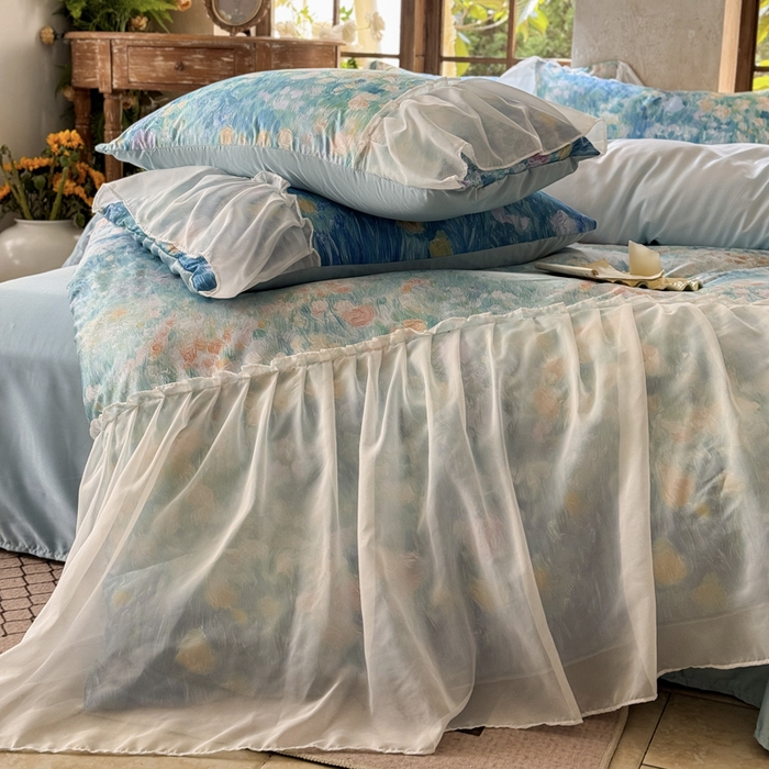 91家纺网 家纺一手货源 找家纺 艾米家居 2026春夏新款裙边款法式天丝棉冰丝系列四件套提供买家秀 梵高裙边款