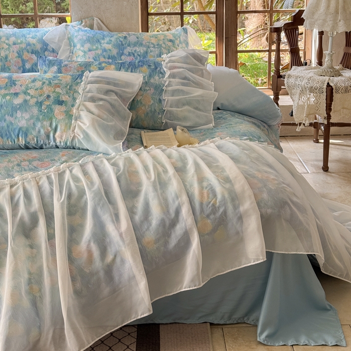 91家纺网 家纺一手货源 找家纺 艾米家居 2026春夏新款裙边款法式天丝棉冰丝系列四件套提供买家秀 梵高裙边款