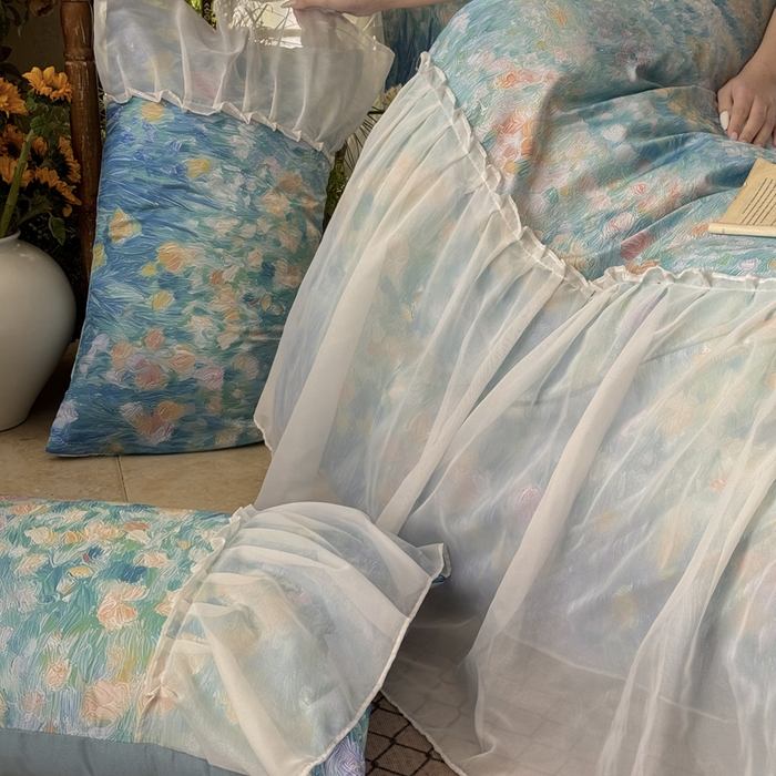 91家纺网 家纺一手货源 找家纺 艾米家居 2026春夏新款裙边款法式天丝棉冰丝系列四件套提供买家秀 梵高裙边款