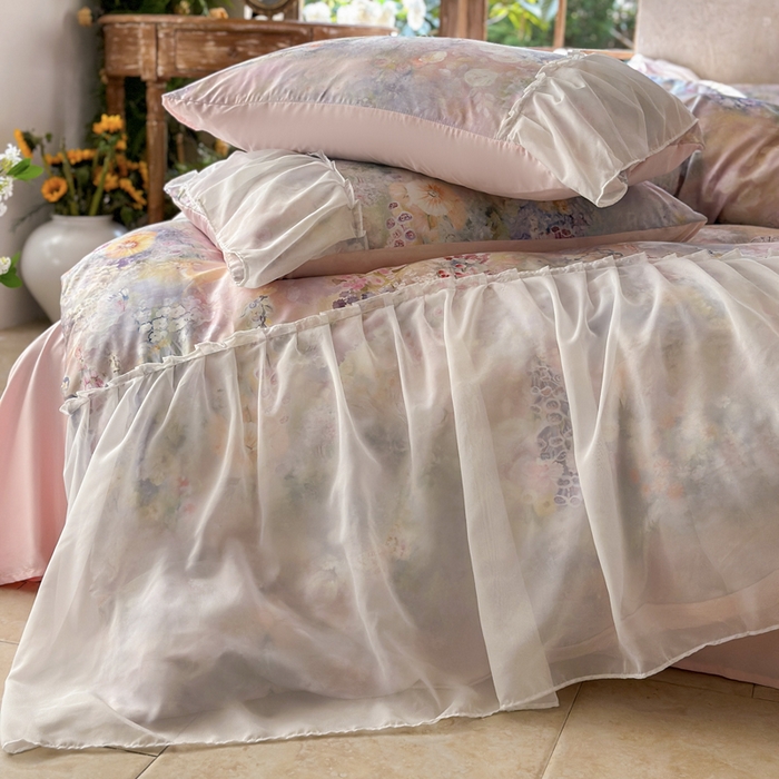 91家纺网 家纺一手货源 找家纺 艾米家居 2026春夏新款裙边款法式天丝棉冰丝系列四件套提供买家秀 莫奈花园裙边款