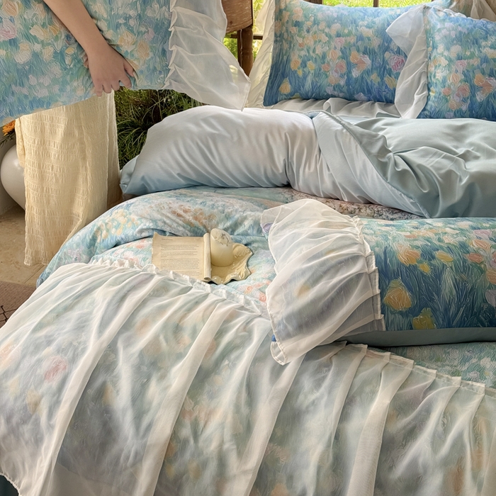 91家纺网 家纺一手货源 找家纺 艾米家居 2026春夏新款裙边款法式天丝棉冰丝系列四件套提供买家秀 梵高裙边款