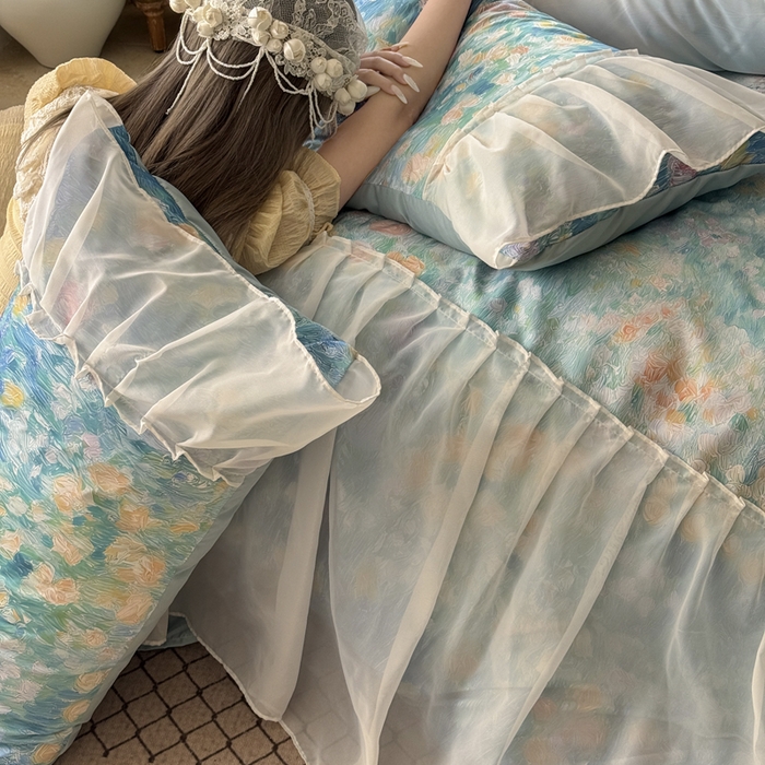 91家纺网 家纺一手货源 找家纺 艾米家居 2026春夏新款裙边款法式天丝棉冰丝系列四件套提供买家秀 梵高裙边款