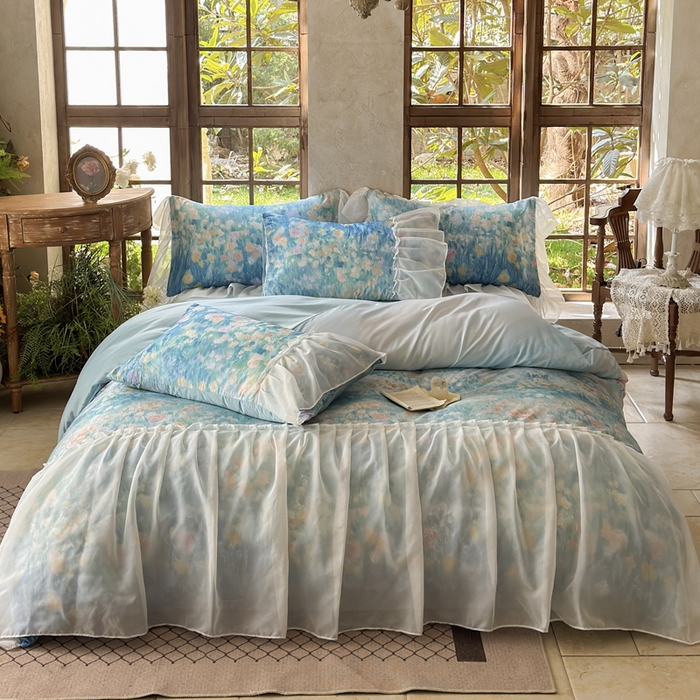 91家纺网 家纺一手货源 找家纺 艾米家居 2026春夏新款裙边款法式天丝棉冰丝系列四件套提供买家秀 梵高裙边款