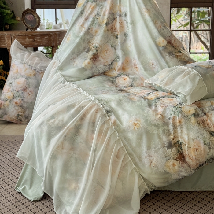 91家纺网 家纺一手货源 找家纺 艾米家居 2026春夏新款裙边款法式天丝棉冰丝系列四件套提供买家秀 花旦裙边款