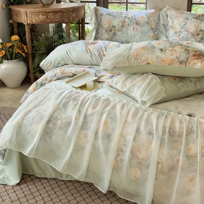 91家纺网 家纺一手货源 找家纺 艾米家居 2026春夏新款裙边款法式天丝棉冰丝系列四件套提供买家秀 花旦裙边款