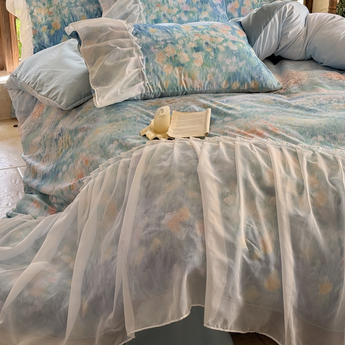 91家纺网 家纺一手货源 找家纺 艾米家居 2026春夏新款裙边款法式天丝棉冰丝系列四件套提供买家秀 梵高裙边款