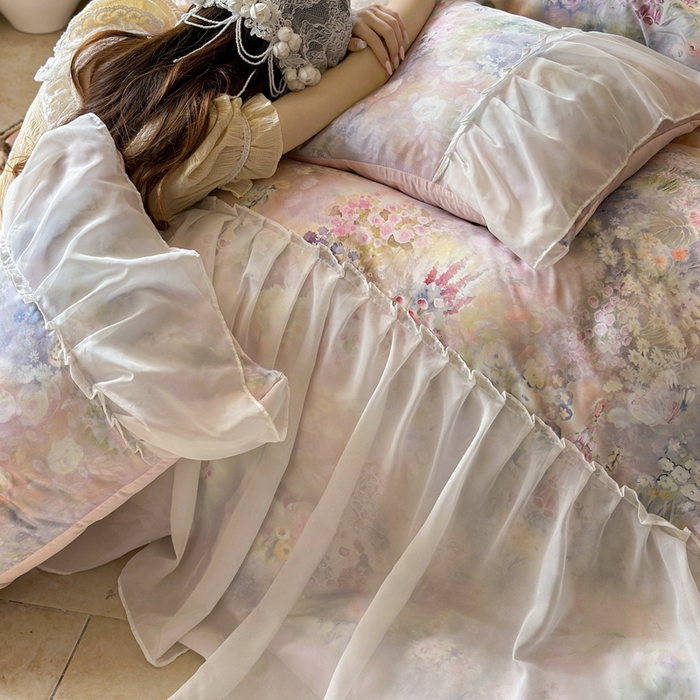 91家纺网 家纺一手货源 找家纺 艾米家居 2026春夏新款裙边款法式天丝棉冰丝系列四件套提供买家秀 莫奈花园裙边款