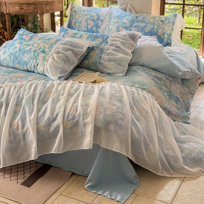 91家纺网 家纺一手货源 找家纺 艾米家居 2026春夏新款裙边款法式天丝棉冰丝系列四件套提供买家秀 梵高裙边款