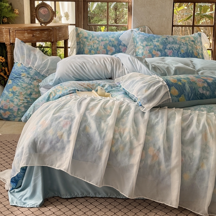 91家纺网 家纺一手货源 找家纺 艾米家居 2026春夏新款裙边款法式天丝棉冰丝系列四件套提供买家秀 梵高裙边款