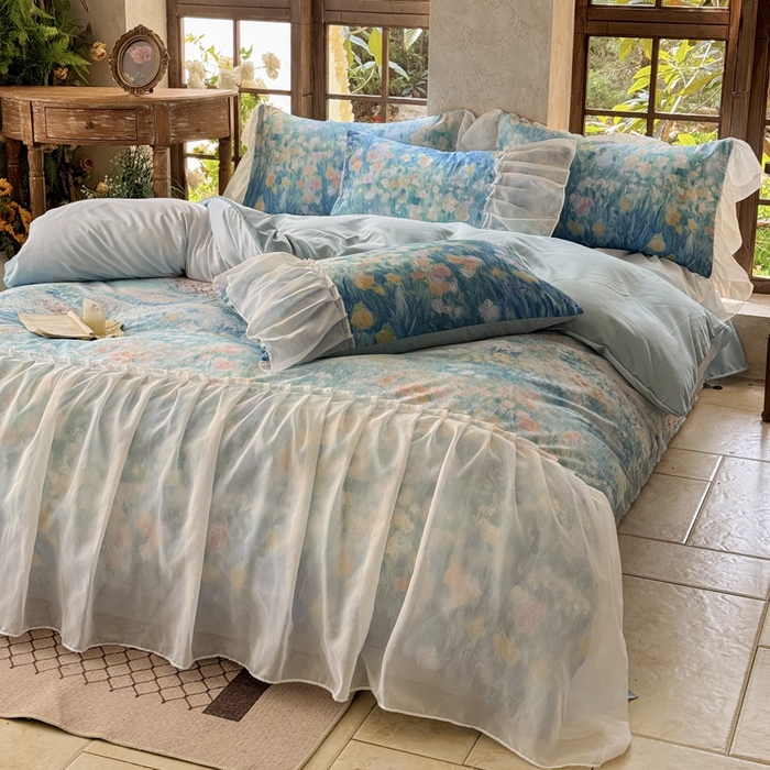 91家纺网 家纺一手货源 找家纺 艾米家居 2026春夏新款裙边款法式天丝棉冰丝系列四件套提供买家秀 梵高裙边款