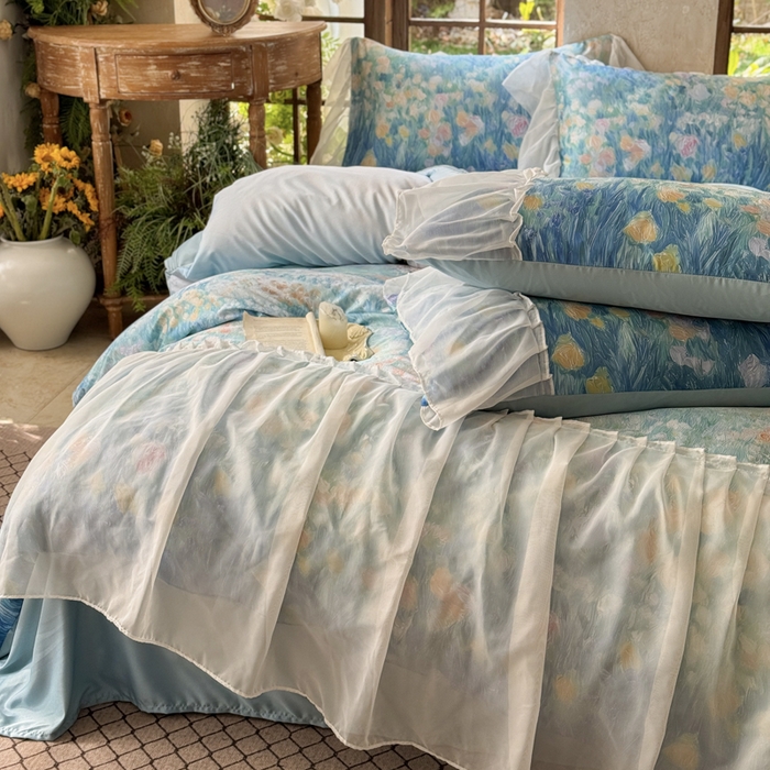 91家纺网 家纺一手货源 找家纺 艾米家居 2026春夏新款裙边款法式天丝棉冰丝系列四件套提供买家秀 梵高裙边款