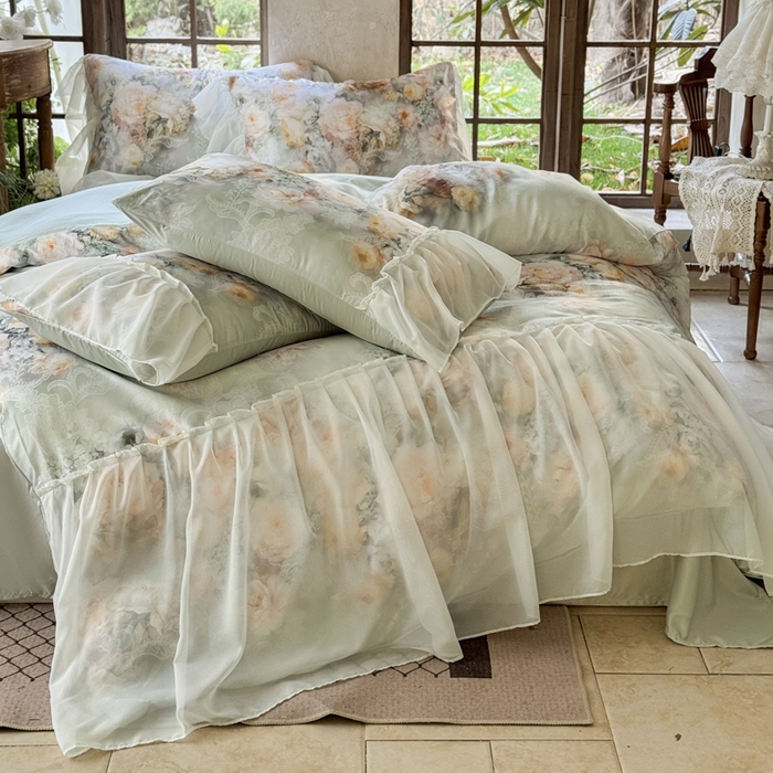 91家纺网 家纺一手货源 找家纺 艾米家居 2026春夏新款裙边款法式天丝棉冰丝系列四件套提供买家秀 花旦裙边款