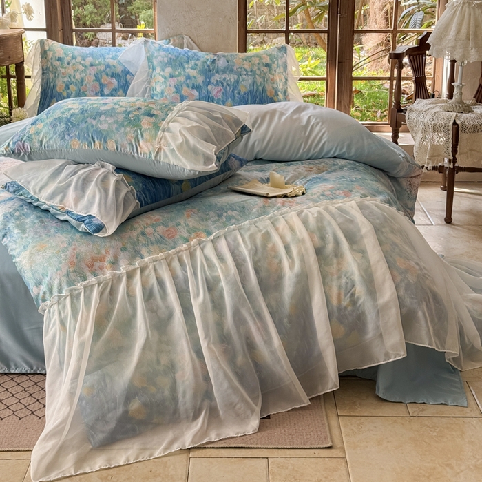 91家纺网 家纺一手货源 找家纺 艾米家居 2026春夏新款裙边款法式天丝棉冰丝系列四件套提供买家秀 梵高裙边款