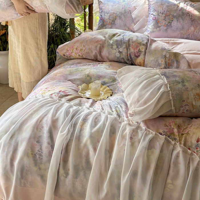 91家纺网 家纺一手货源 找家纺 艾米家居 2026春夏新款裙边款法式天丝棉冰丝系列四件套提供买家秀 莫奈花园裙边款