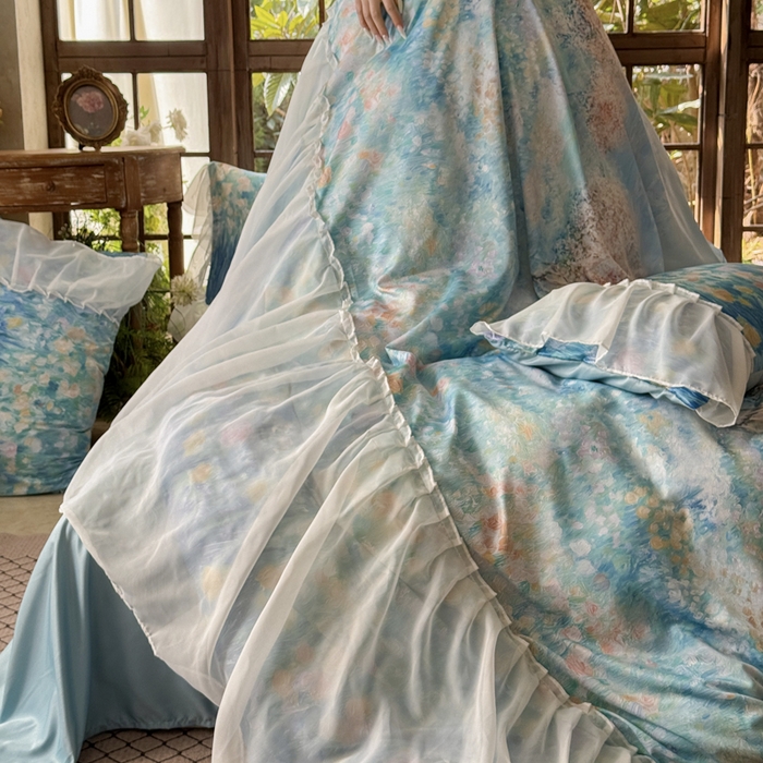 91家纺网 家纺一手货源 找家纺 艾米家居 2026春夏新款裙边款法式天丝棉冰丝系列四件套提供买家秀 梵高裙边款